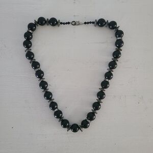 Vintage Black Bead Necklace with Diamond Rhinestones